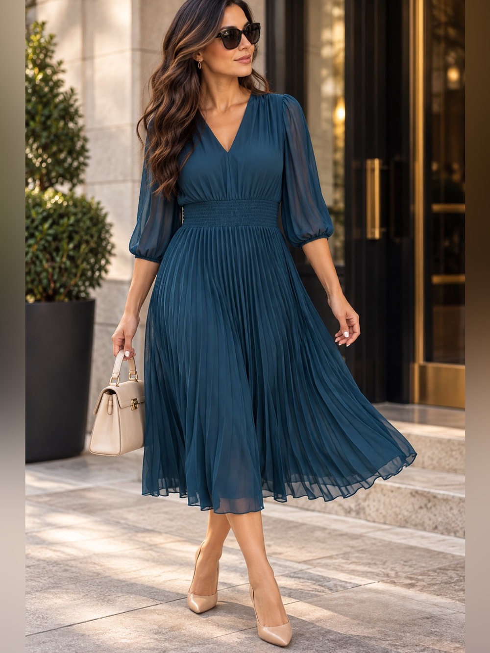 Taylor Teal Blue Pleated Midi Dress V-Neck Size 14